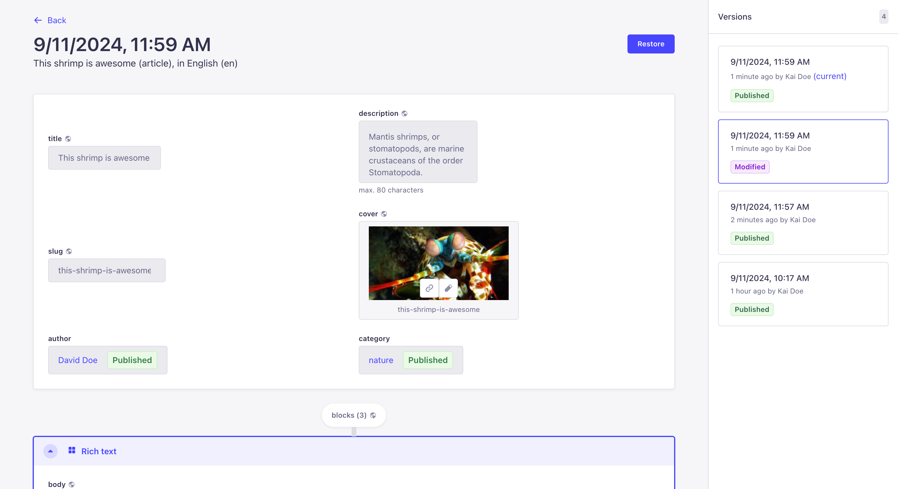 ドキュメントの Content History を開く