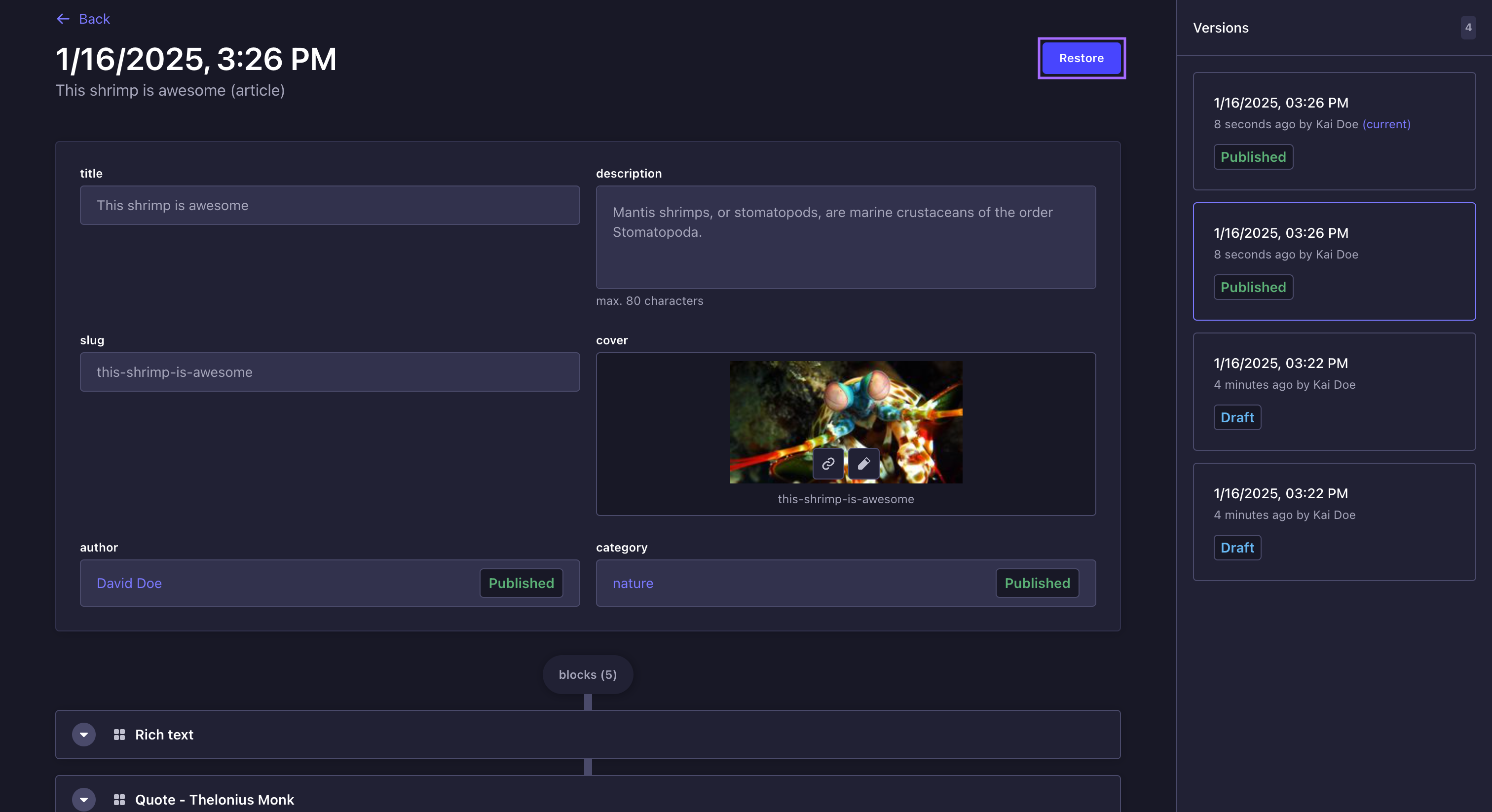 Content History でバージョンを復元する