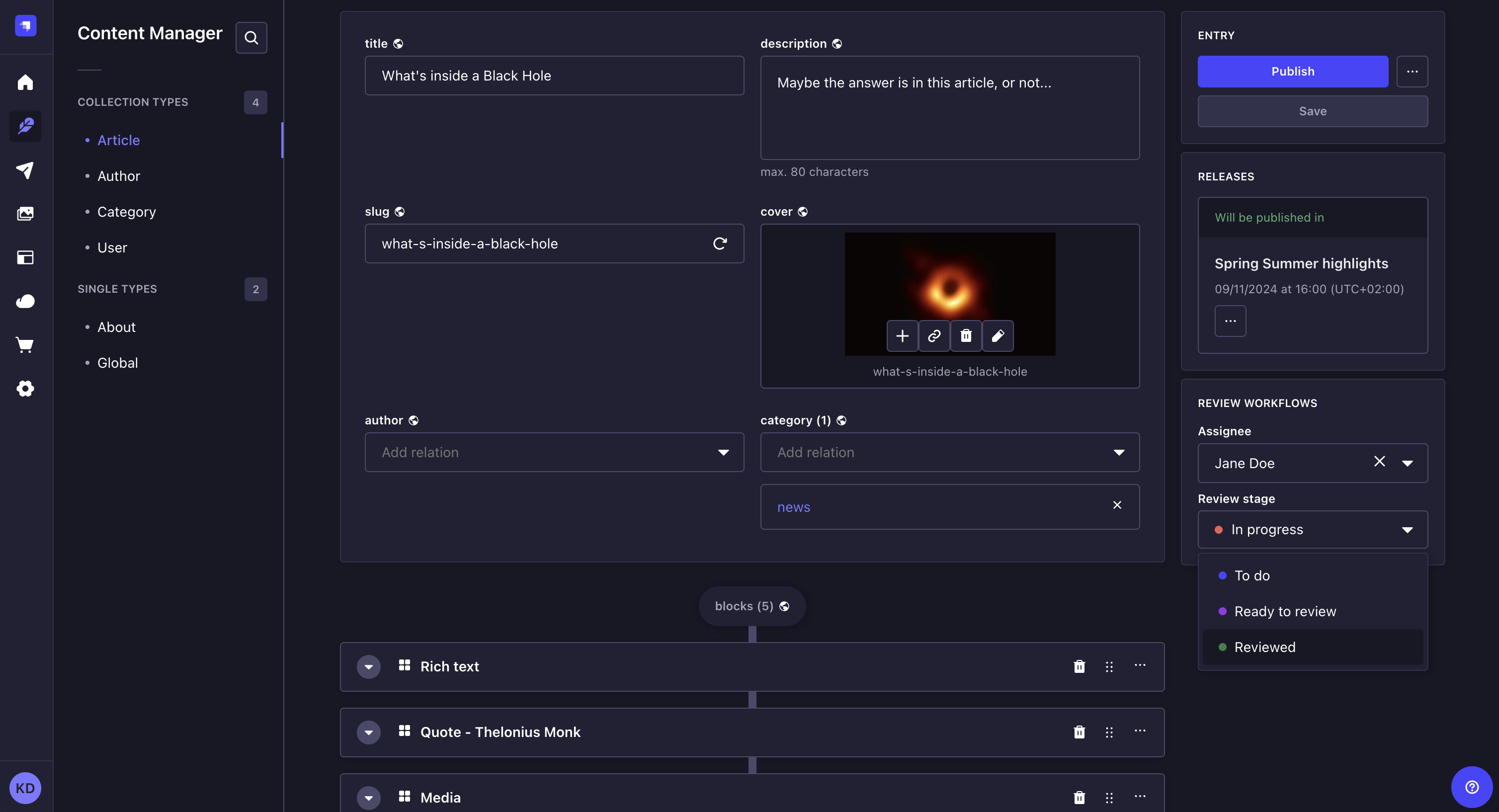 レビューステージのドロップダウン