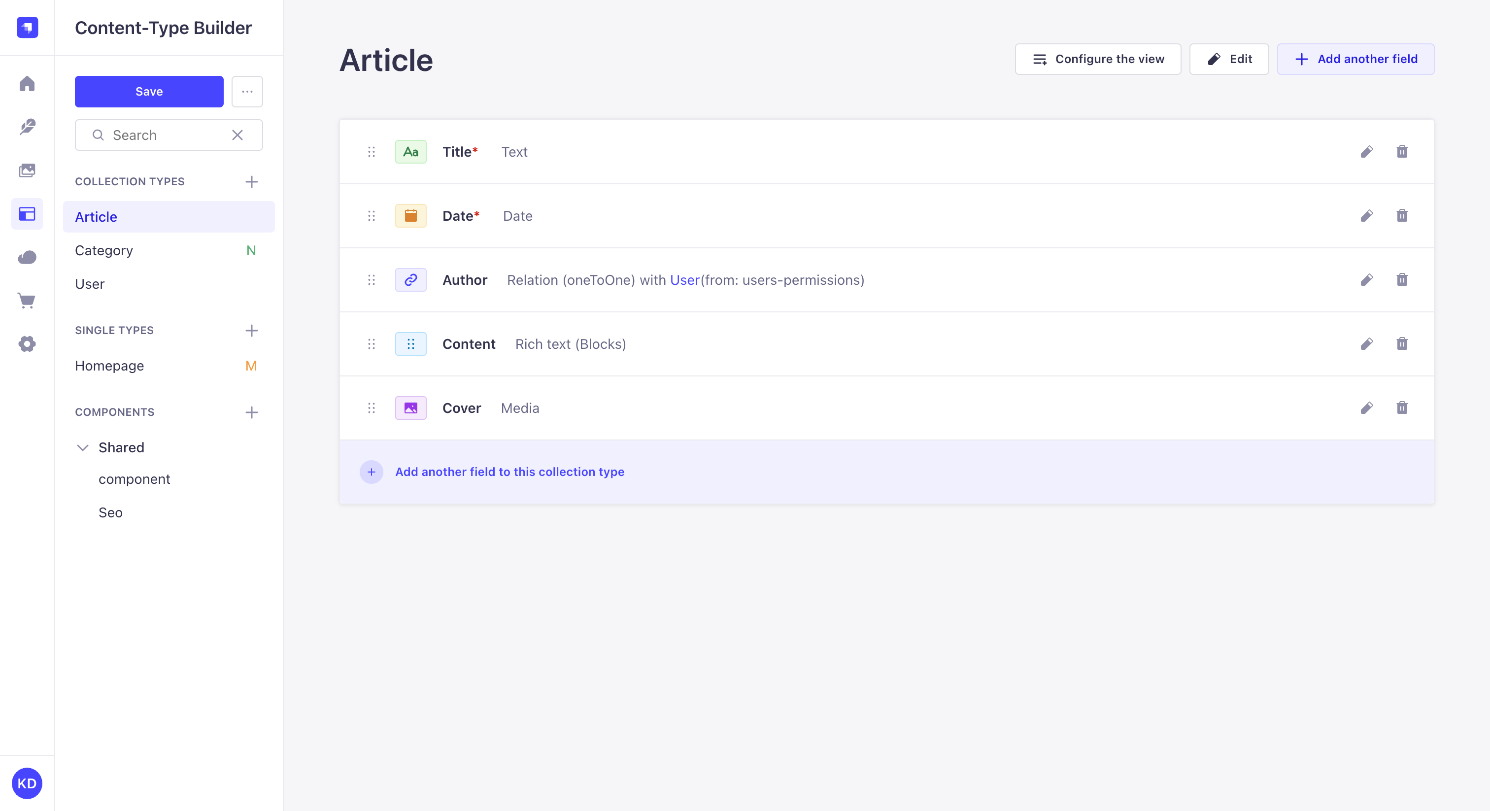 コンテンツタイプビルダーの編集画面