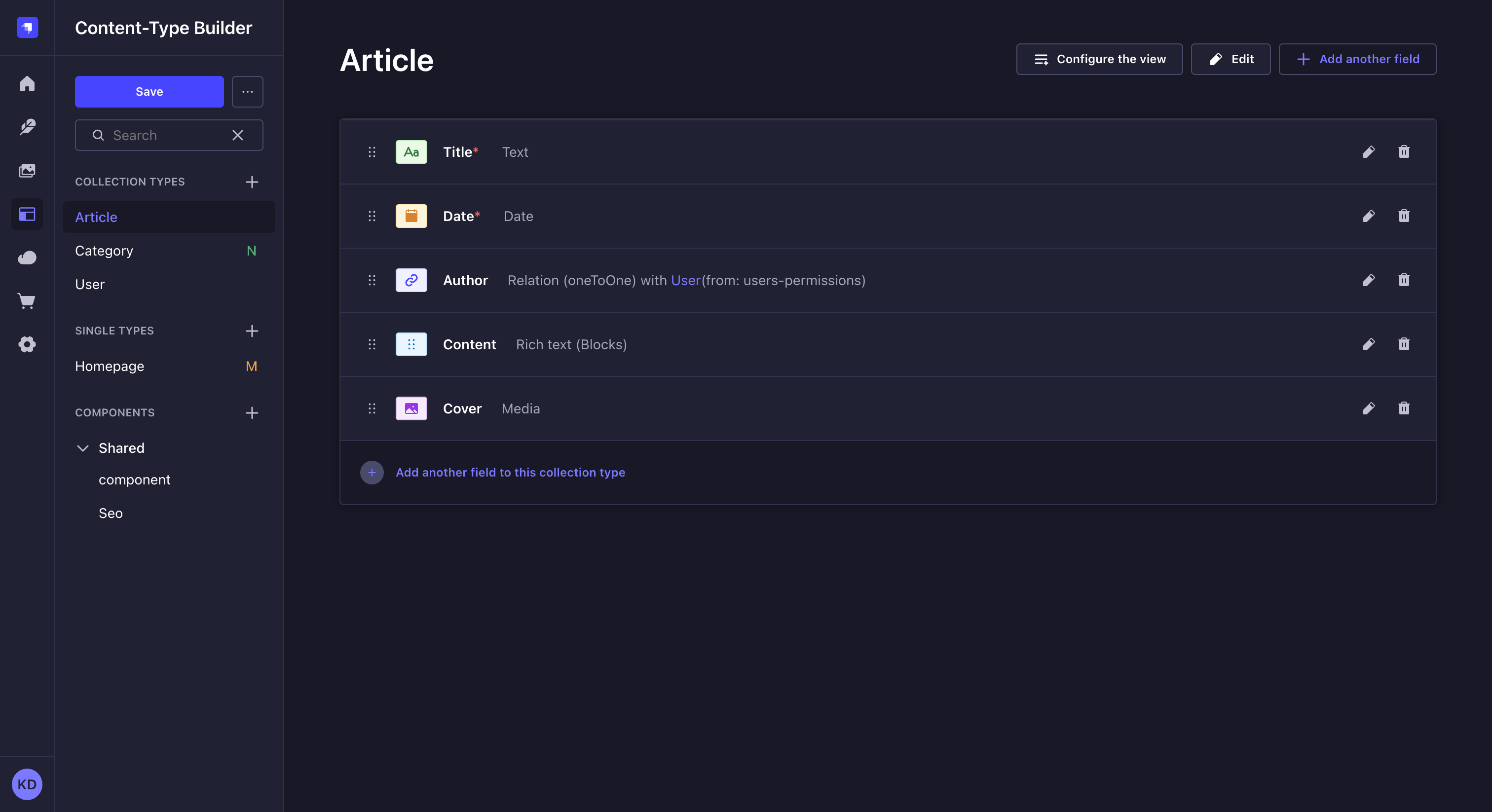 コンテンツタイプビルダーの編集画面