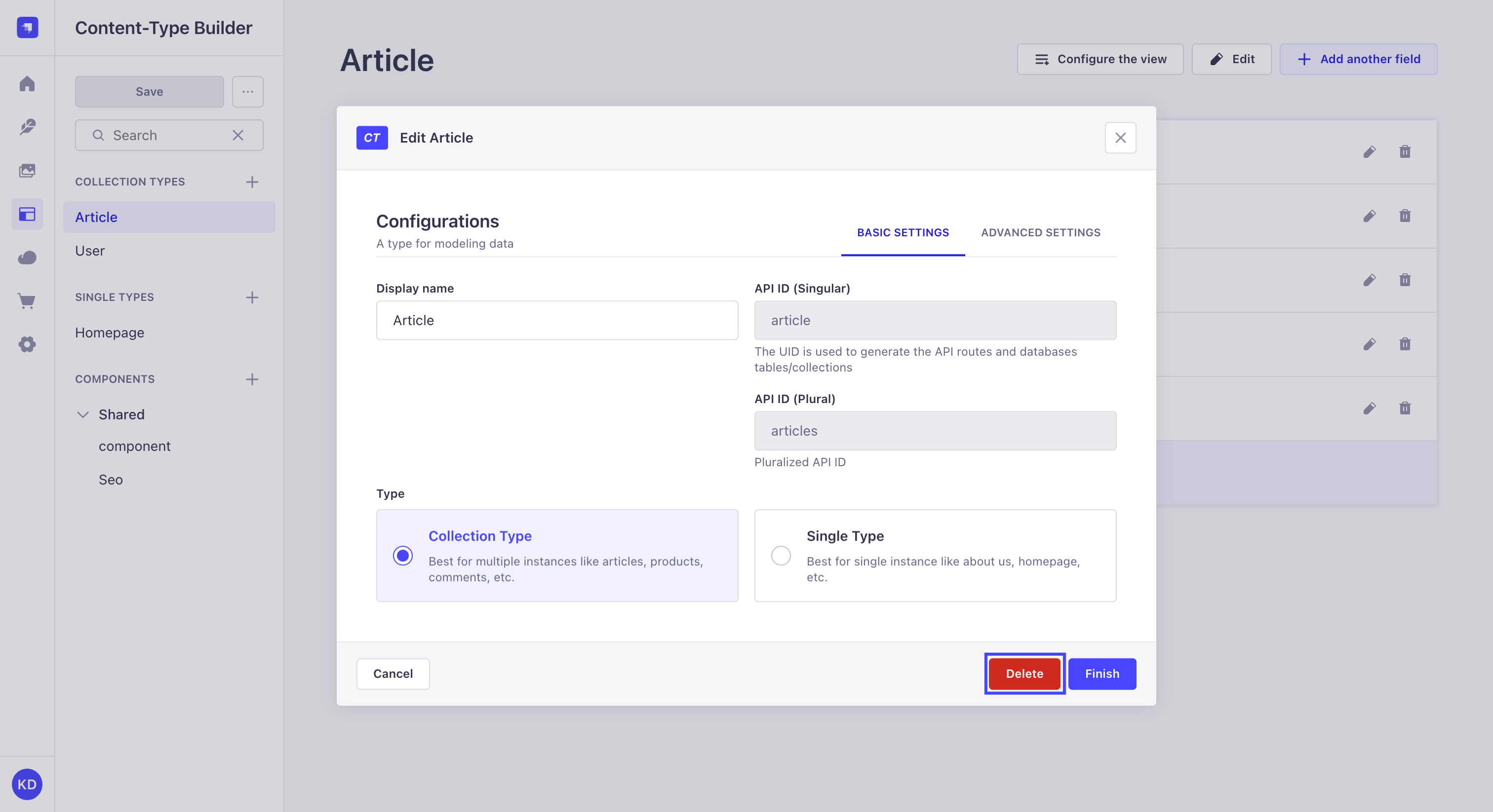 コンテンツタイプビルダーでの削除