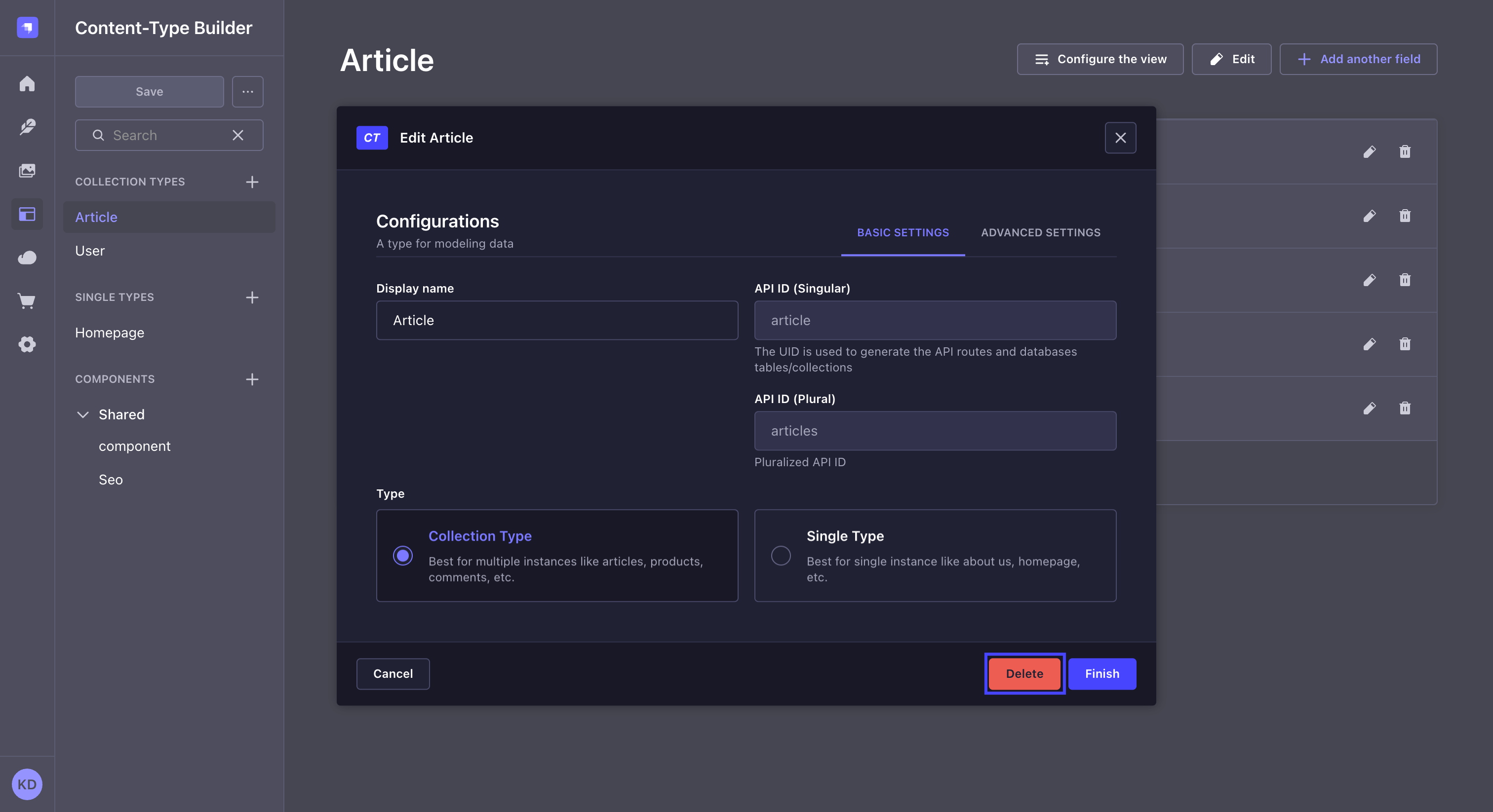 コンテンツタイプビルダーでの削除