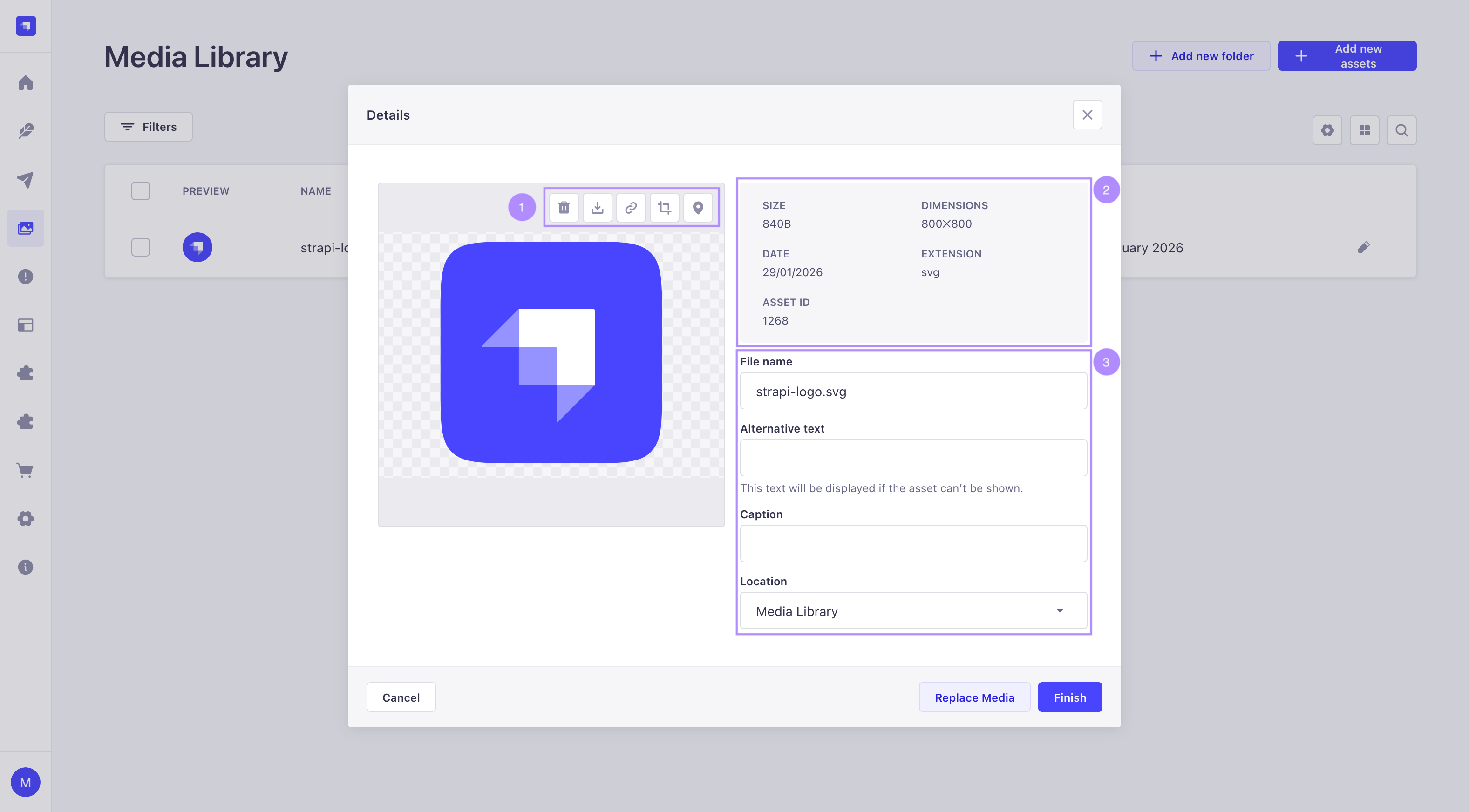 アセット詳細ウィンドウ（注釈付き）