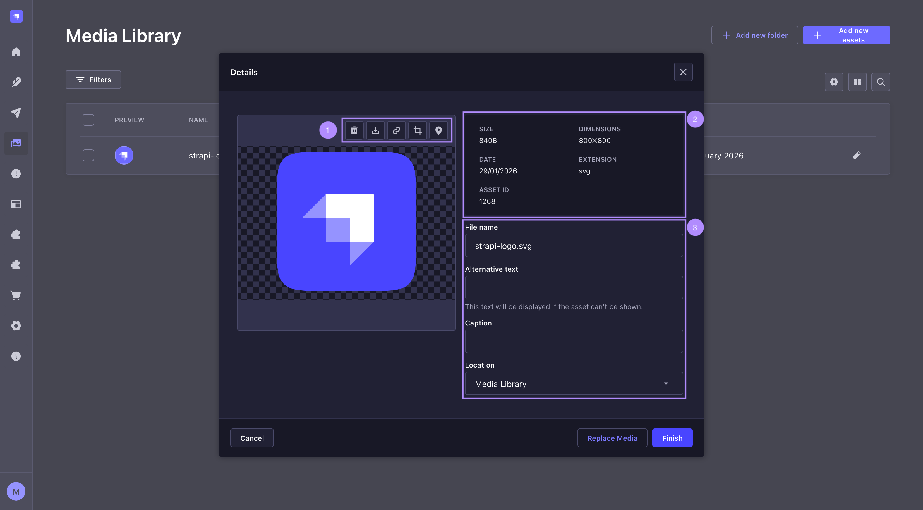 アセット詳細ウィンドウ（注釈付き）