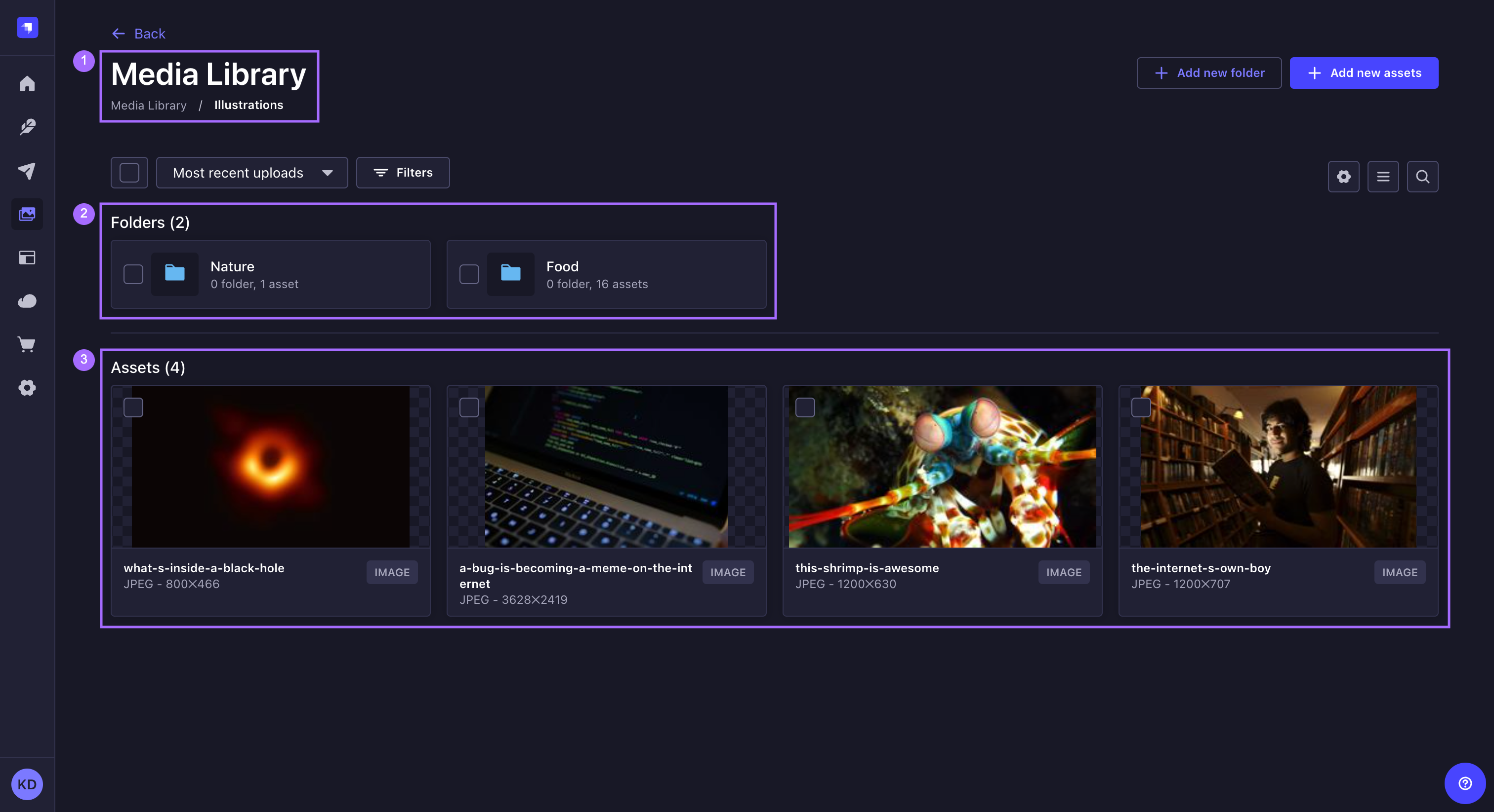 メディアライブラリでフォルダーを 1 階層深く表示