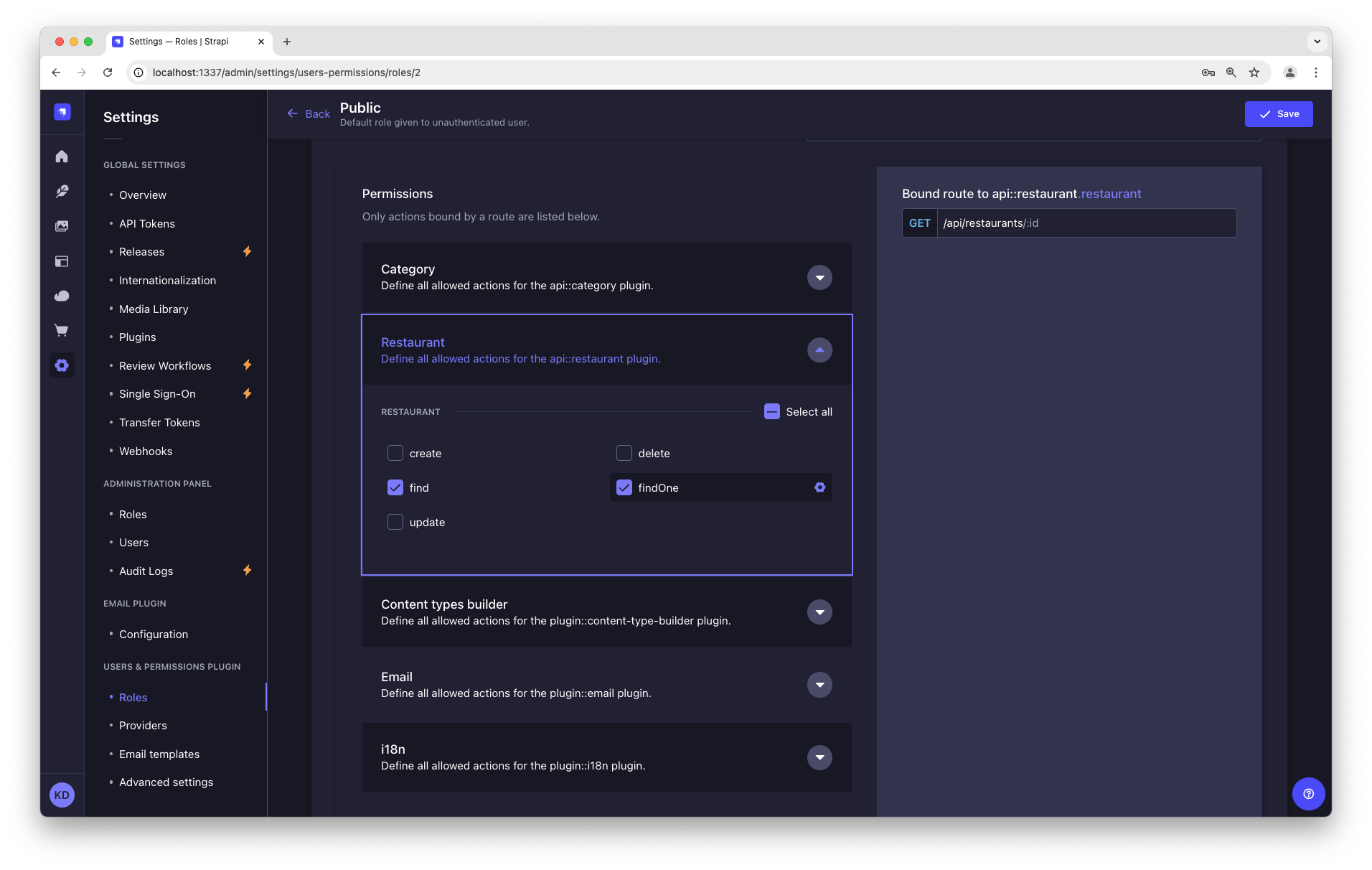 スクリーンショット: Users & Permissions の Public ロール