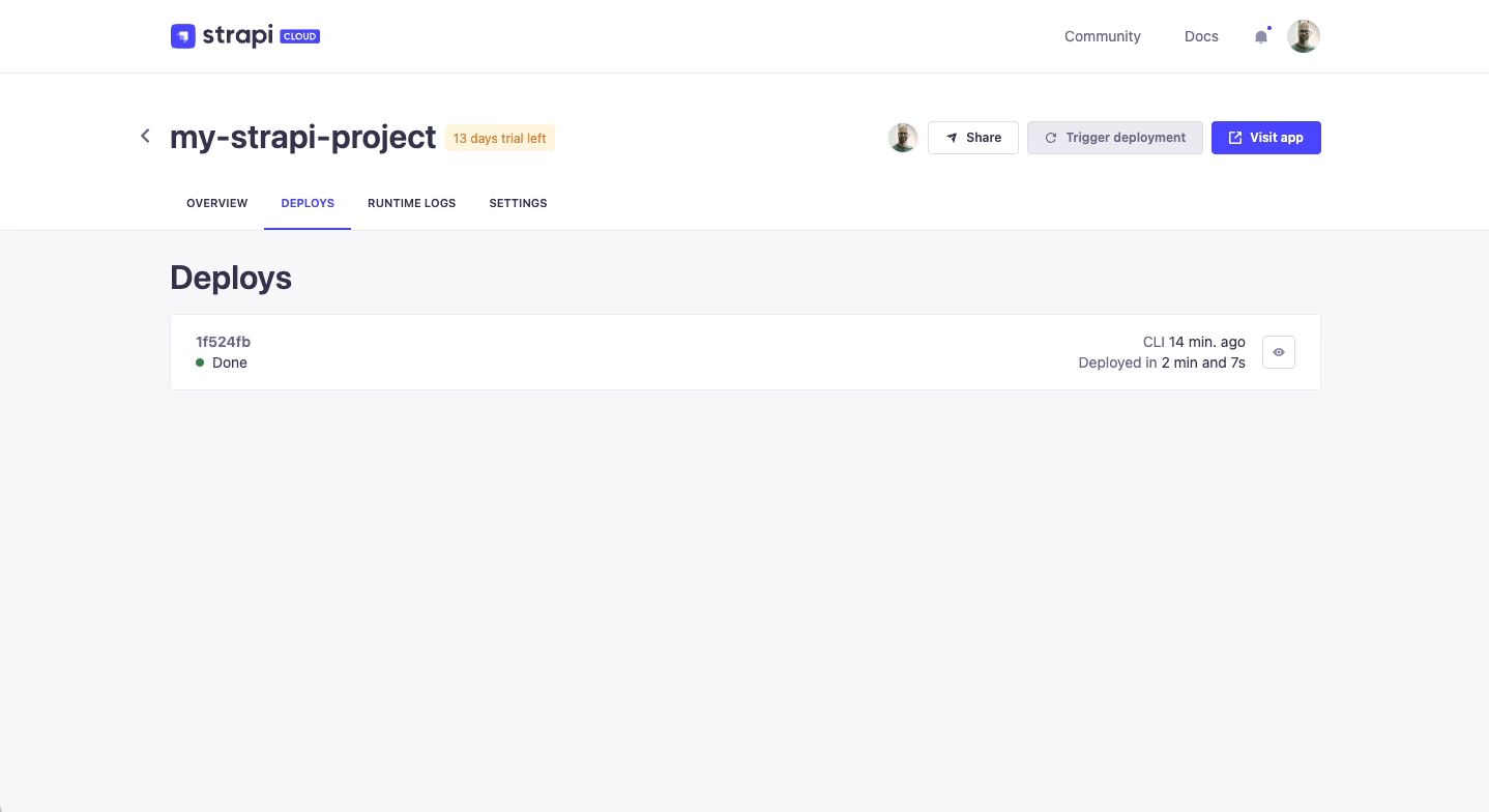 Strapi Cloud アプリを開く GIF
