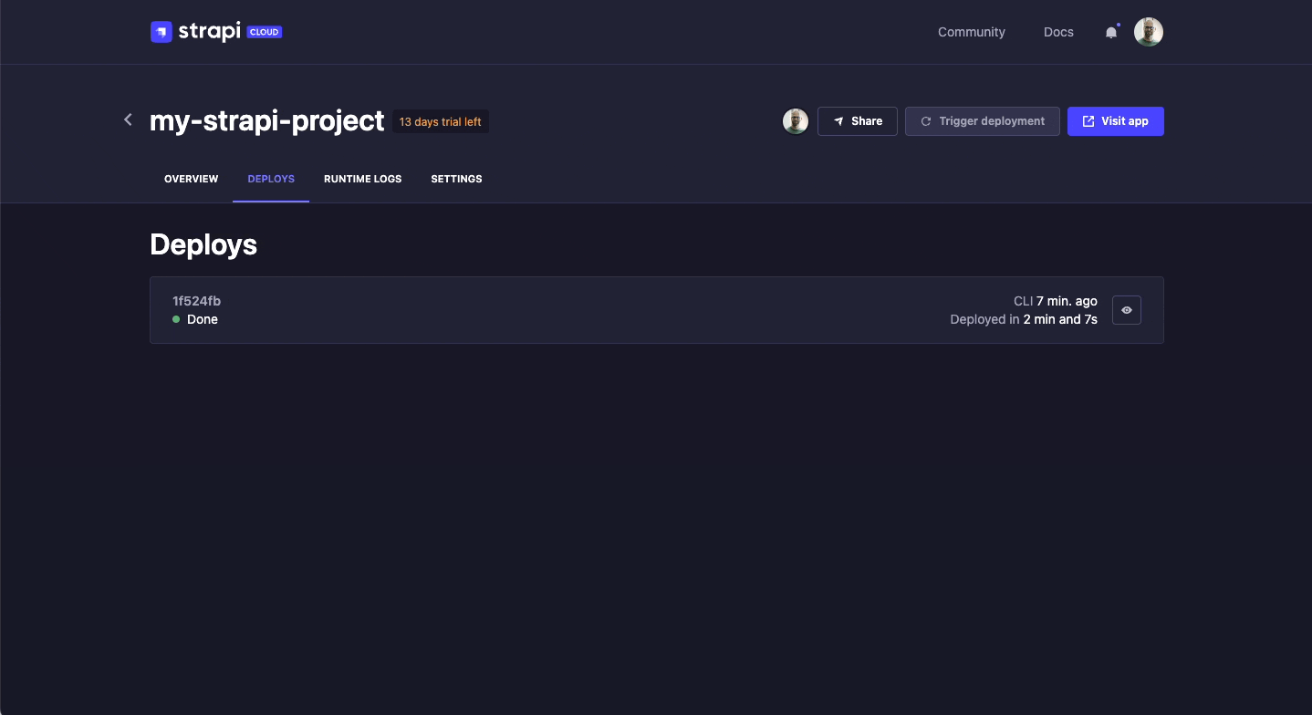 Strapi Cloud アプリを開く GIF